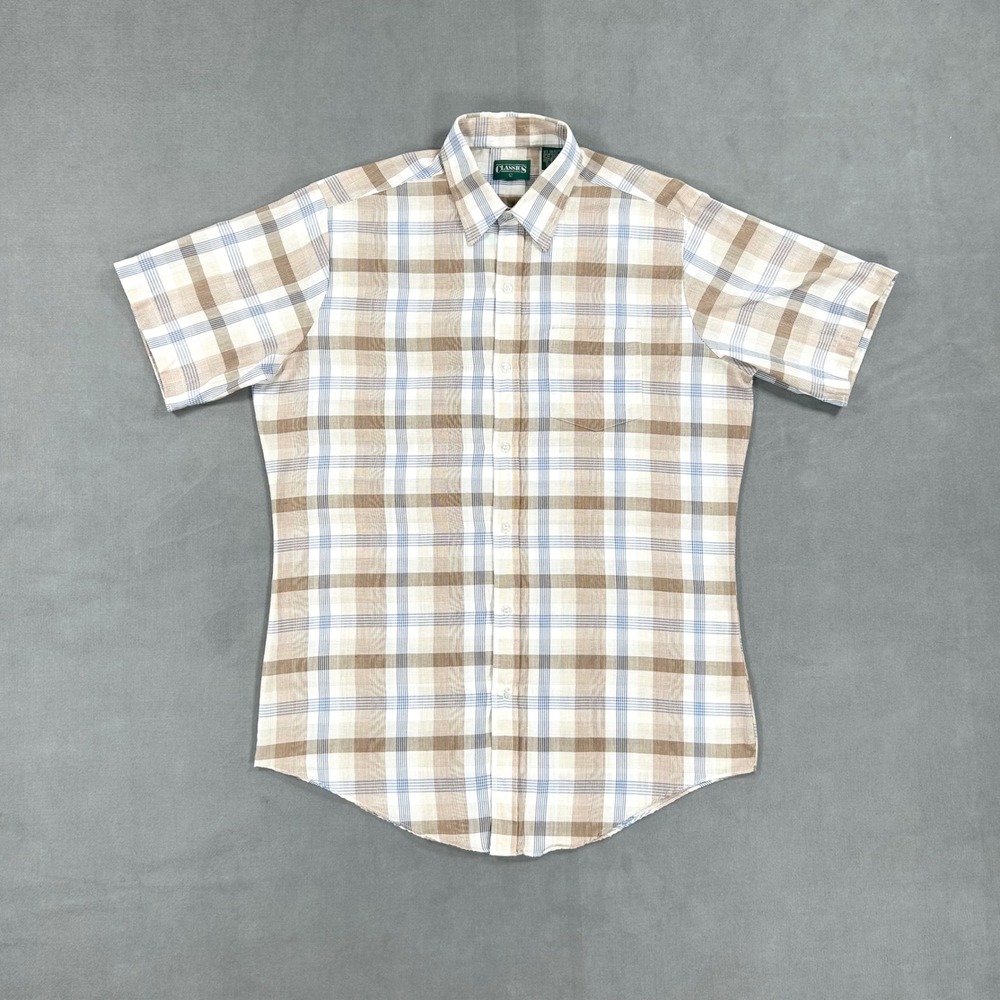 Vintage Sears Classics Button Up Men's Large Tall Blue Brown Plaid Short Sleeve